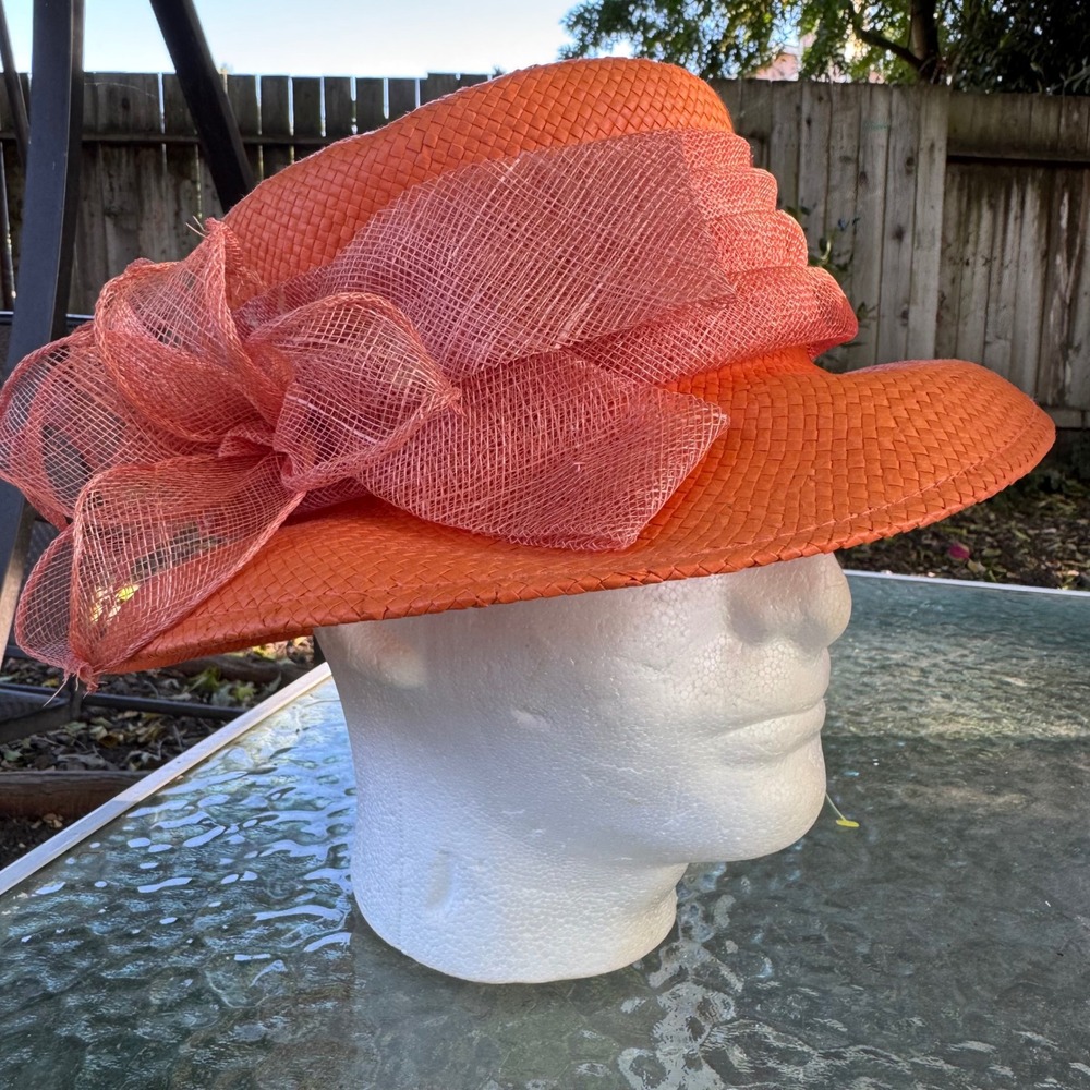 90s Tower Hill Collection Orange Paper Straw Cloche Derby Church Hat Mesh Bow